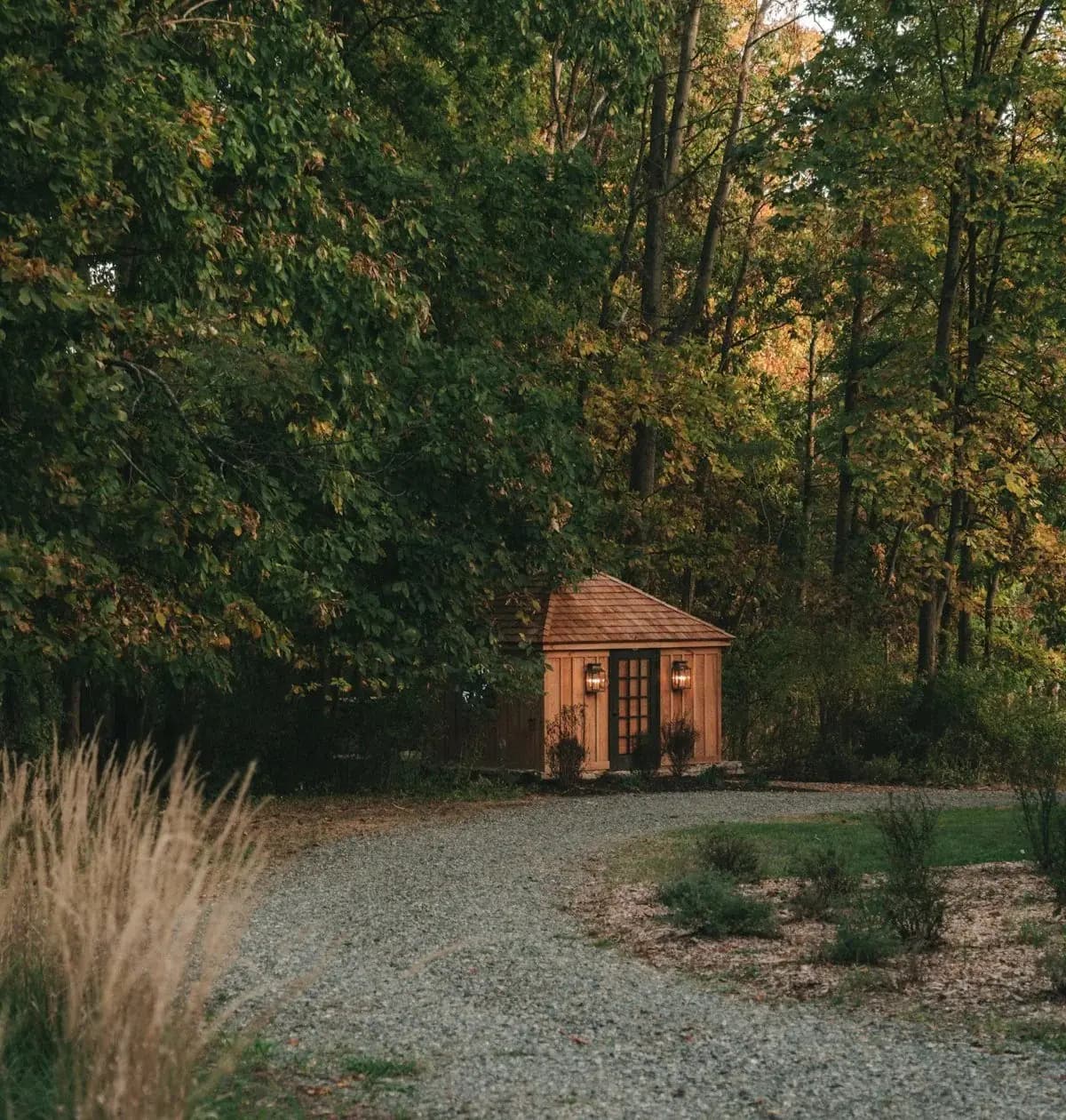 A gravel path into the woods at Bloom Farm